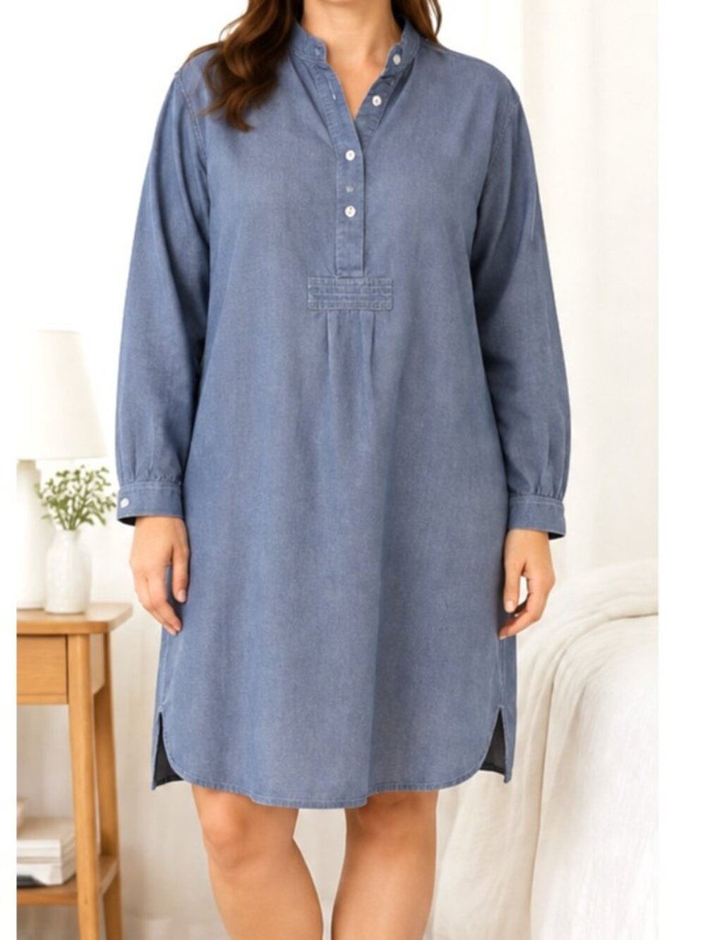 The Sleep Shirt Women Blue Cotton Chambray Stand Collar Knee Length OS Canad